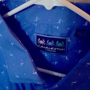 Charleston Threads xxL dress shirt.beautiful blue with tiny pink dots/flamingos.